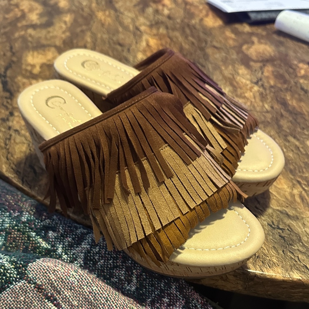 Moving Comfort Brown Fringe Mules